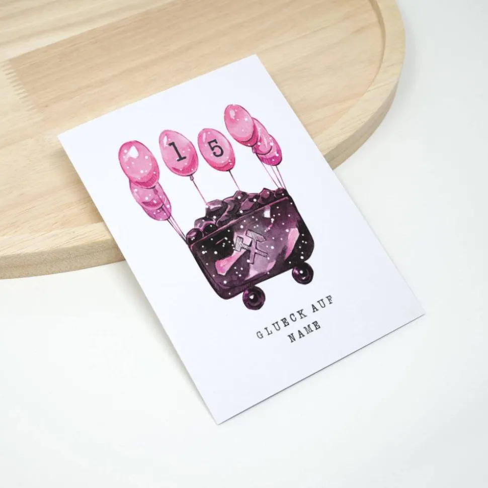 A6 Geburtstagskarte Glück auf rosa Ballons | Ruhrpott | Kohlenlore Aquarell Zeichnung | Personalisiert Alter Name