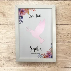 A4 Geldgeschenk zur Taufe, Kommunion, Konfirmation, Friedenstaube mit Blumenranke rosa