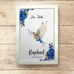 A4 Geldgeschenk zur Taufe, Kommunion, Konfirmation, Friedenstaube mit Blumenranke blau