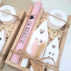 Abschiedsgeschenk Kindergarten KITA Erzieherin mit Herz Geschenkset Dankeschön Häuser / Lichthäuser Kerzenhalter Stern K