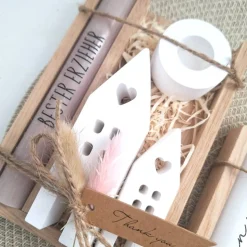 Abschiedsgeschenk Kindergarten KITA Erzieherin mit Herz Geschenkset Dankeschön Häuser / Lichthäuser Kerzenhalter Stern K