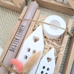 Abschiedsgeschenk Schule Lehrerin mit Herz Lehrer Geschenkset Dankeschön Häuser / Lichthäuser Kerzenhalter rund Kerzense