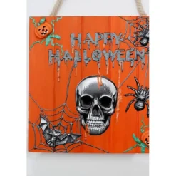 Acrylbild Collage HAPPY HALLOWEEN auf  Holzplatte Mixed Media Halloween-Deko  Totenkopf Fledermaus