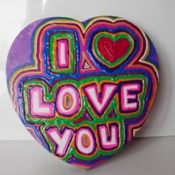 Acrylbild I LOVE YOU Herzbild zum Valentinstag Muttertag Collage Bild auf herzförmigem Keilrahmen