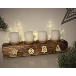Adventsbalken aus Holz mit roten Kerzen und Glaskugeln/ Adventsgesteck / Adventsdeko