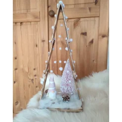 Adventsdeko Holztanne geschmückt Wichtel mit LED Beleuchtung 22x40cm rosa
