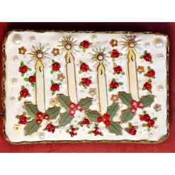 Adventsdekoration aus Holz & Leinen handgemacht– Adventskerzen aus Emaille mit Stickerei und Perlen zum Aufhängen