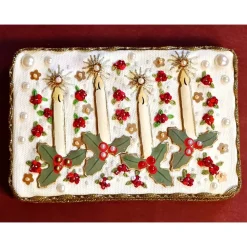 Adventsdekoration aus Holz & Leinen handgemacht– Adventskerzen aus Emaille mit Stickerei und Perlen zum Aufhängen