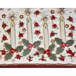 Adventsdekoration aus Holz & Leinen handgemacht– Adventskerzen aus Emaille mit Stickerei und Perlen zum Aufhängen