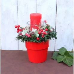 Adventsgesteck Weihnachtsdeko rot grün Kerzengesteck