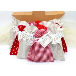 Adventskalender / Säckchen zum befüllen / Stoffsäckchen mit Zahlen rot beige