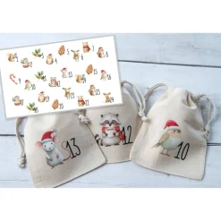 Adventskalender Beutel 24 Stück – Baumwollbeutel mit Waldtieren, OEKO-TEX, 10×14