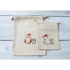 Adventskalender Beutel 24 Stück – Baumwollbeutel mit Waldtieren, OEKO-TEX, 10×14