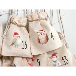 Adventskalender Beutel 24 Stück – Baumwollbeutel mit Waldtieren, OEKO-TEX, 10×14
