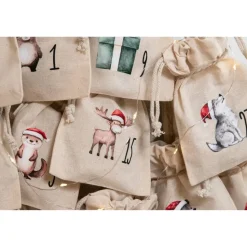 Adventskalender Beutel 24 Stück – Baumwollbeutel mit Weihnachtstieren, OEKO-TEX, klein/groß/Mix, wiederverwendbar