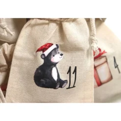 Adventskalender Beutel 24 Stück – Baumwollbeutel mit Weihnachtstieren, OEKO-TEX, klein/groß/Mix, wiederverwendbar