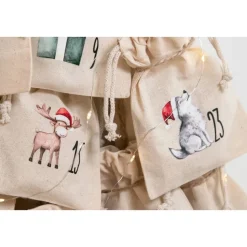 Adventskalender Beutel 24 Stück – Baumwollbeutel mit Weihnachtstieren, OEKO-TEX, klein/groß/Mix, wiederverwendbar