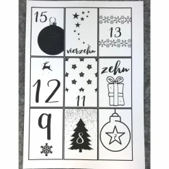 Adventskalender DIY mit Blockbeutel, Zahlen und Holzklammern mir grafischen Motiven