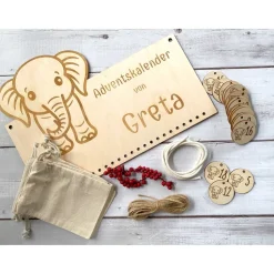 Adventskalender Holz Elefant personalisiert 36×27 cm | Brett, Zahlen oder Komplettset mit Beuteln