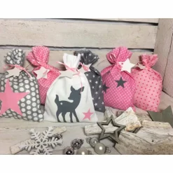 Adventskalender Reh rosa grau Kalender Advent selber befaüllen Säckchen Baumwolle Taschen Tüten Türchen Weihnachten