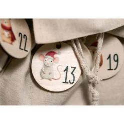 Adventskalender Zahlen Holz 1–24, Ø 4,5 cm – rund, mit Waldtieren bedruckt, lasergeschnitten
