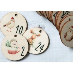Adventskalender Zahlen Holz 1–24, Ø 4,5 cm – rund, mit Waldtieren bedruckt, lasergeschnitten