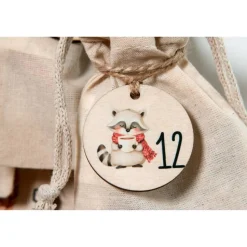 Adventskalender Zahlen Holz 1–24, Ø 4,5 cm – rund, mit Waldtieren bedruckt, lasergeschnitten