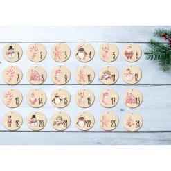 Adventskalender Zahlen Holz 1–24, Ø 4,5 cm – rund, mit Weihnachtstieren bedruckt, lasergeschnitten