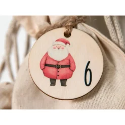 Adventskalender Zahlen Holz 1–24, Ø 4,5 cm – rund, mit Weihnachtstieren bedruckt, lasergeschnitten