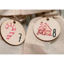 Adventskalender Zahlen Holz 1–24, Ø 4,5 cm – rund, mit Weihnachtstieren bedruckt, lasergeschnitten