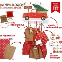 Adventskalender zum Aufhängen und selbst Befüllen X-Mas-Truck - Komplett mit Schnur, Papiertüten & Adventskalenderzahlen