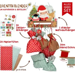 Adventskalender zum Aufhängen und selbst Befüllen Santa - Komplett mit Schnur, Papiertüten & Adventskalenderzahlen