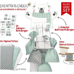 Adventskalender zum Aufhängen und selbst Befüllen Eisbär-Motiv - Komplettset mit Schnur, Papiertüten & Adventskalenderza