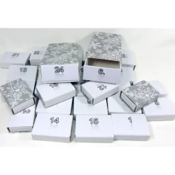 Adventskalender zum Befüllen Mini Schachteln |24 kleine u 2 große Boxen | Zahlen 1-24 | Eiskristall grau wei&
