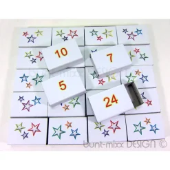 Adventskalender zum Befüllen, Korb silberfarben shabby stil,  Schachteln, rote Filzsterne, Spankorb