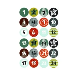 Adventskalenderzahlen 1-24, Sticker, Aufkleber, 4 cm Durchmesser, grün braun bunt, retro style