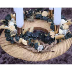 Adventskranz Holz Trockenblumen goldfarbig grün