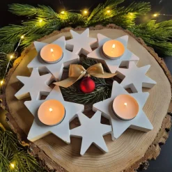 Adventskranz mit Sternen für 4 Teelichter - aus Gießbeton -weiß oder hellgrau mit Glitzer - wiederverwendbar