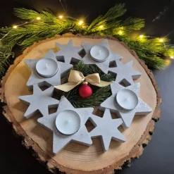Adventskranz mit Sternen für 4 Teelichter - aus Gießbeton -weiß oder hellgrau mit Glitzer - wiederverwendbar