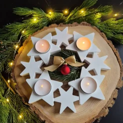 Adventskranz mit Sternen für 4 Teelichter - aus Gießbeton -weiß oder hellgrau mit Glitzer - wiederverwendbar