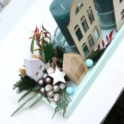 Adventskranz weiß haltbar Adventsgesteck Tischdeko Weihnachtsdeko Häuser