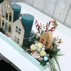 Adventskranz weiß haltbar Adventsgesteck Tischdeko Weihnachtsdeko Häuser