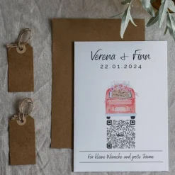 Aktien Etf Geldgeschenk | Personalisiertes Geschenk Brautpaar| QrCode Geschenkkarte | Bulli Rot