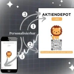 Aktiendepot | Personalisiertes Geldgeschenk | Aktie ETF Kryptowährung QrCode Bild | Motiv Löwe