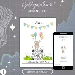 Aktiengeschenk | QrCode Sparbuch | Etf Geschenkverpackung | Personalisiertes Geldgeschenk | Download | Mehrere Motive