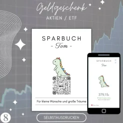 Aktiengeschenk | QrCode Sparbuch | Etf Geschenkverpackung | Personalisiertes Geldgeschenk | Download | Mehrere Motive