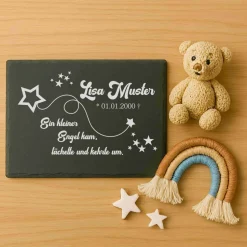 Andenken an Sternenkinder – Schiefertafel mit Namen, Datum und süßen Motiven – Erinnerung für Zuhause oder Garten