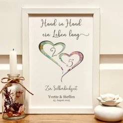 Andenken zur Silberhochzeit | Personalisiertes Geldgeschenk im Bilderrahmen mit Spruch "Hand in Hand ein Leben lang"