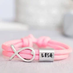 Armband personalisiert mit Gravur handgestempelt zur Taufe, Kommunion, Geburtstag, Schulanfang, Konfirmation, ichthys, Kreuz