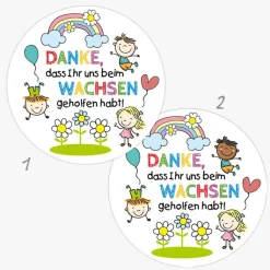 Aufkleber Kindergarten Abschied | Danke, dass Ihr uns beim Wachsen geholfen habt - Kinder mit Regenbogen